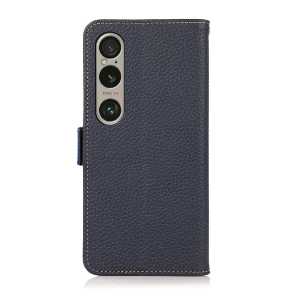 For Sony Xperia 1 VI KHAZNEH Side-Magnetic Litchi Genuine Leather RFID Case(Blue)