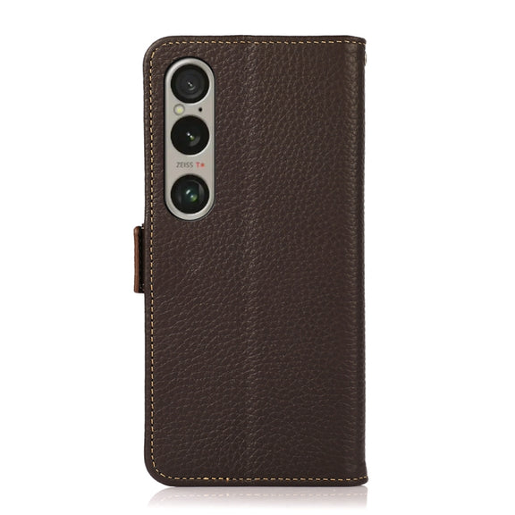 For Sony Xperia 1 VI KHAZNEH Side-Magnetic Litchi Genuine Leather RFID Case(Brown)