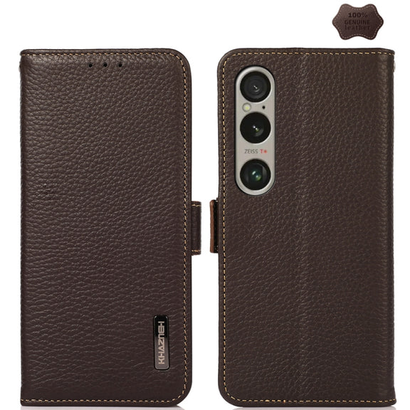 For Sony Xperia 1 VI KHAZNEH Side-Magnetic Litchi Genuine Leather RFID Case(Brown)