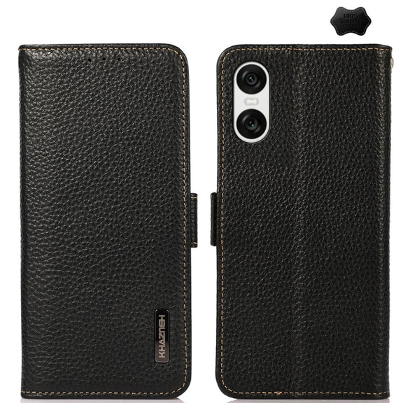 For Sony Xperia 10 VI KHAZNEH Side-Magnetic Litchi Genuine Leather RFID Case(Black)