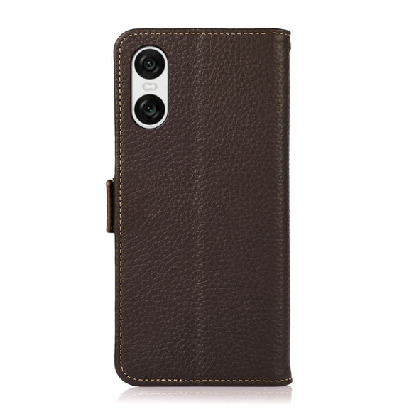 For Sony Xperia 10 VI KHAZNEH Side-Magnetic Litchi Genuine Leather RFID Case(Brown)
