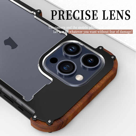 For iPhone 16 Pro Max R-JUST Ironwood Generation Metal Hybrid Wood Phone Case