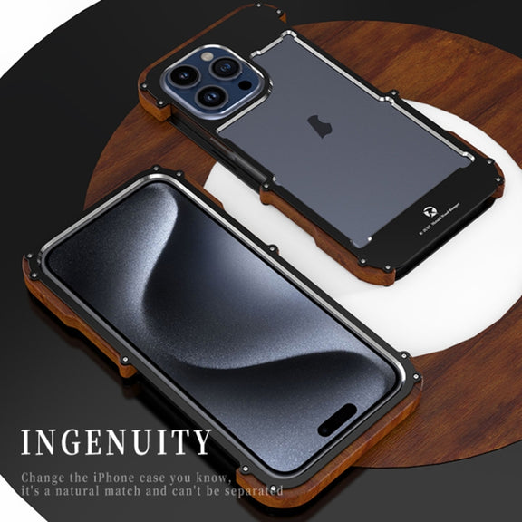 For iPhone 16 R-JUST Ironwood Generation Metal Hybrid Wood Phone Case