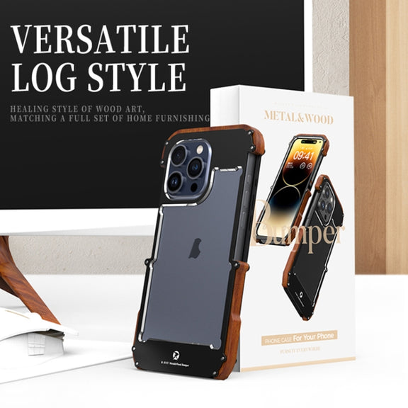 For iPhone 16 Pro Max R-JUST Ironwood Generation Metal Hybrid Wood Phone Case