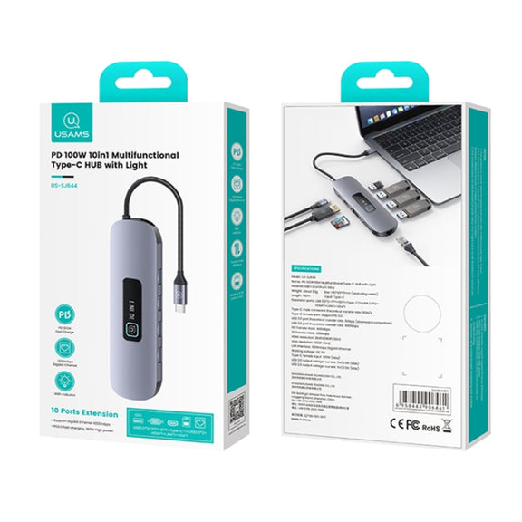 USAMS US-SJ644 PD100W 10 in 1 Aluminum Alloy Multifunctional Type-C HUB with Light(Metal Grey)