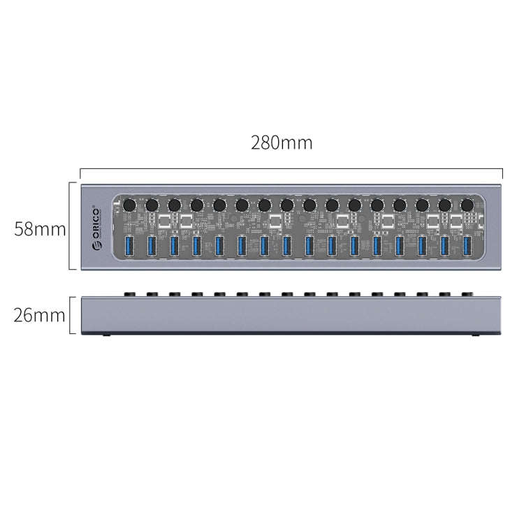 ORICO AT2U3-16AB-GY-BP 16 Ports USB 3.0 HUB with Individual Switches & Blue LED Indicator(US Plug) - free shipping - PMC Jewellery - Order now!