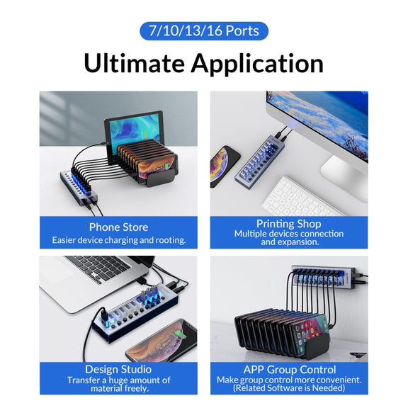 ORICO AT2U3-16AB-GY-BP 16 Ports USB 3.0 HUB with Individual Switches & Blue LED Indicator(US Plug)