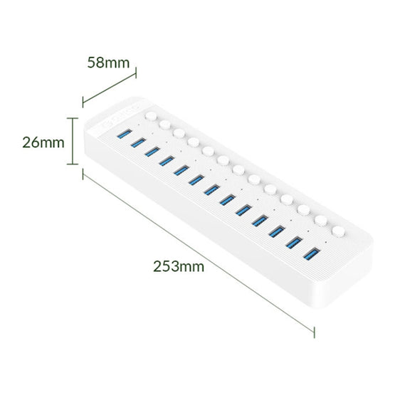 ORICO CT2U3-13AB Plastic Stripes 13 Ports USB 3.0 HUB with Individual Switches, Plug:UK Plug(White)