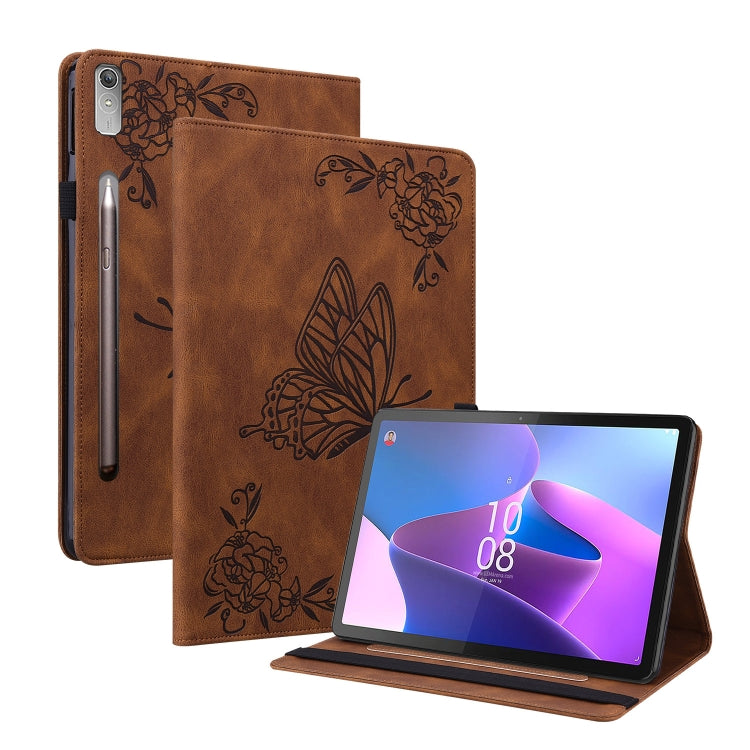 For Lenovo Tab P12 Butterfly Flower Embossed Leather Tablet Case(Brown) - Lenovo by PMC TechLife | Online Shopping South Africa | PMC TechLife | Buy Now Pay Later Mobicred
