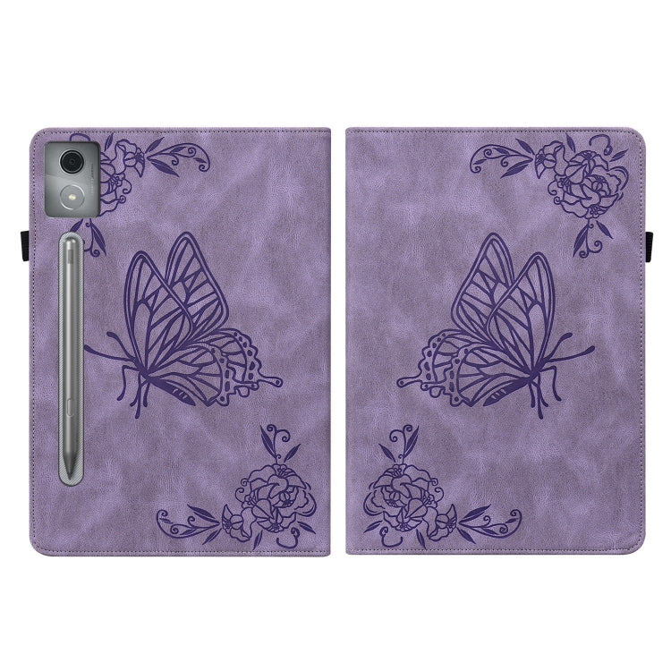 For Lenovo Tab P12 Pro 12.7 2025 Butterfly Flower Embossed Leather Tablet Case(Purple)
