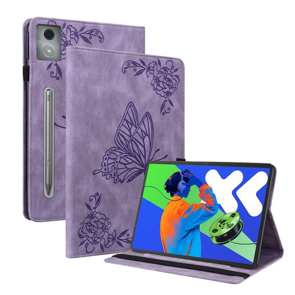 For Lenovo Tab P12 Pro 12.7 2025 Butterfly Flower Embossed Leather Tablet Case(Purple)
