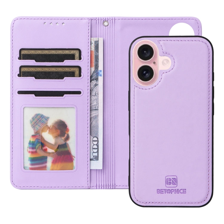 For iPhone 16 BETOPNICE BN-005 2 in 1 Detachable Imitate Genuine Leather Phone Case(Light Purple)