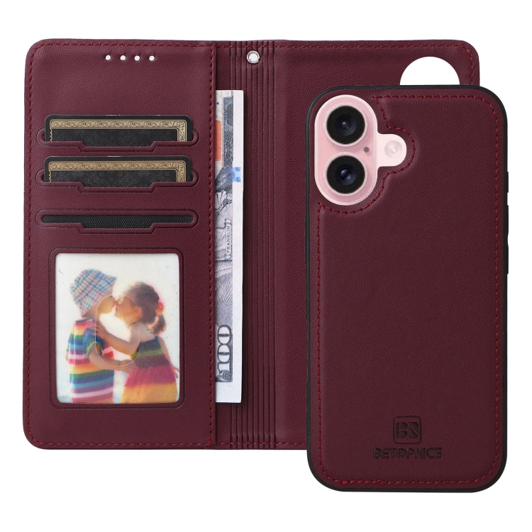 For iPhone 16 Plus BETOPNICE BN-005 2 in 1 Detachable Imitate Genuine Leather Phone Case(Wine Red)