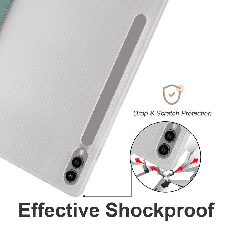 For Samsung Galaxy Tab S10+ / S9+ 3-folding Transparent TPU Smart Leather Tablet Case with Pen Slot(Green)