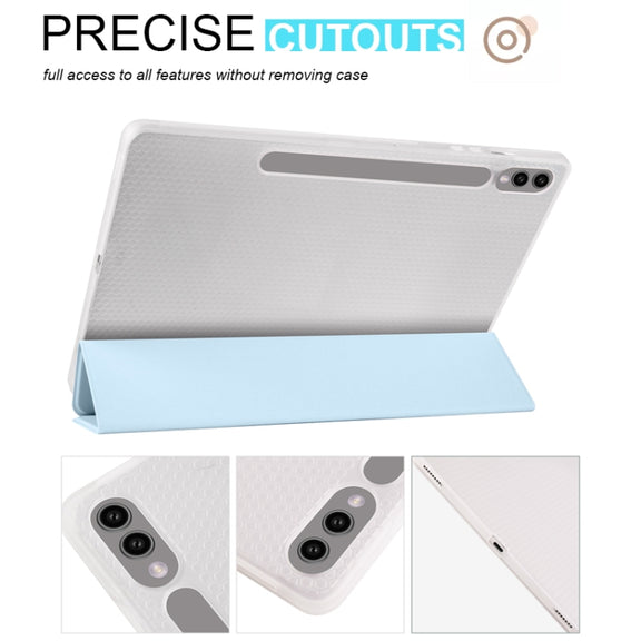 For Samsung Galaxy Tab S10+ / S9+ 3-folding Transparent TPU Smart Leather Tablet Case with Pen Slot(Ice Blue)