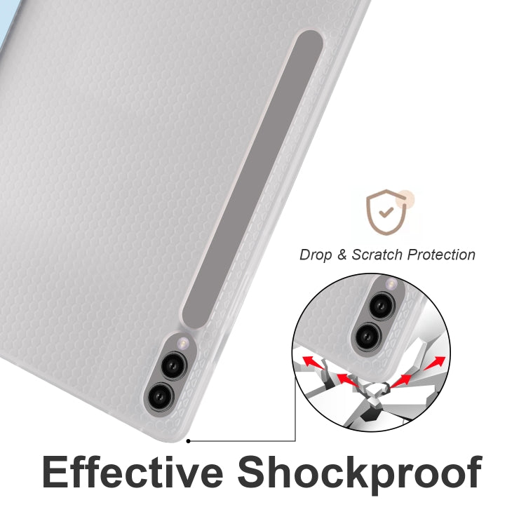 For Samsung Galaxy Tab S10+ / S9+ 3-folding Transparent TPU Smart Leather Tablet Case with Pen Slot(Ice Blue)