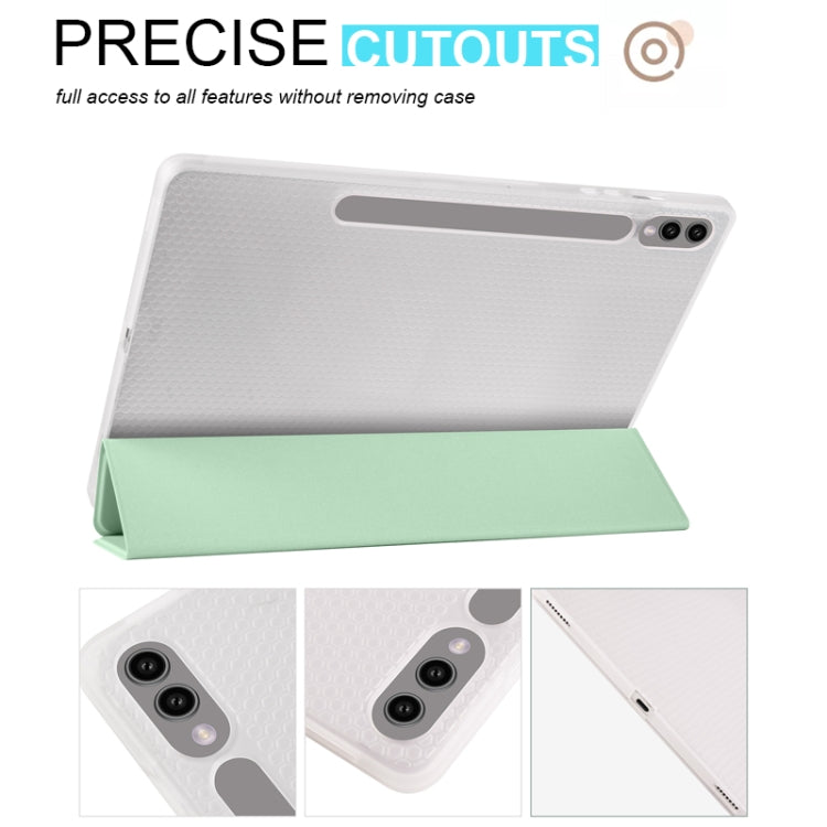 For Samsung Galaxy Tab S10+ / S9+ 3-folding Transparent TPU Smart Leather Tablet Case with Pen Slot(Matcha Green)