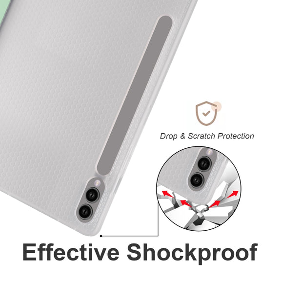 For Samsung Galaxy Tab S10+ / S9+ 3-folding Transparent TPU Smart Leather Tablet Case with Pen Slot(Matcha Green)