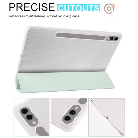 For Samsung Galaxy Tab S10+ / S9+ 3-folding Transparent TPU Smart Leather Tablet Case with Pen Slot(Light Green)