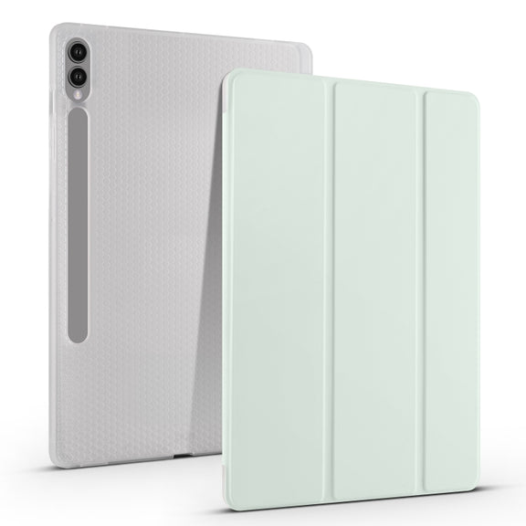 For Samsung Galaxy Tab S10+ / S9+ 3-folding Transparent TPU Smart Leather Tablet Case with Pen Slot(Light Green)