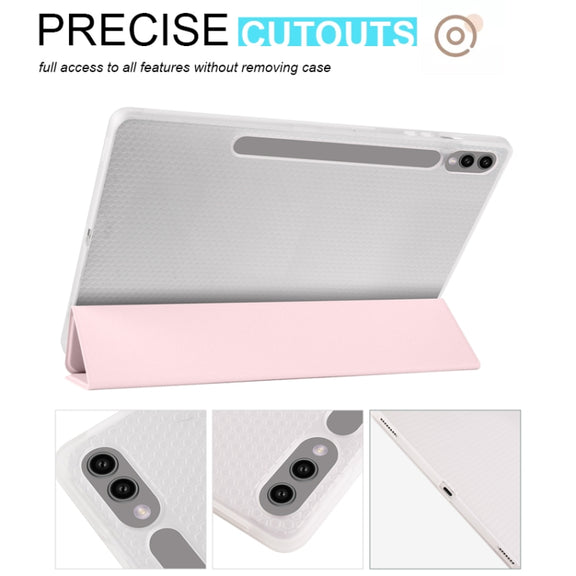 For Samsung Galaxy Tab S10+ / S9+ 3-folding Transparent TPU Smart Leather Tablet Case with Pen Slot(Pink)