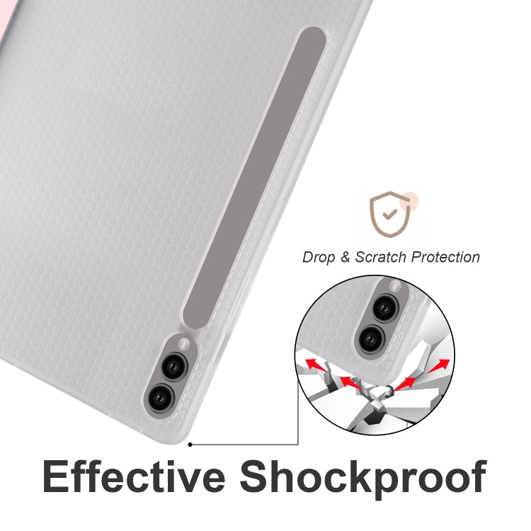 For Samsung Galaxy Tab S10+ / S9+ 3-folding Transparent TPU Smart Leather Tablet Case with Pen Slot(Pink)