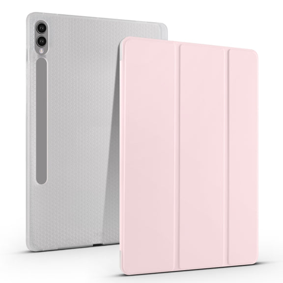 For Samsung Galaxy Tab S10+ / S9+ 3-folding Transparent TPU Smart Leather Tablet Case with Pen Slot(Pink)