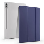 For Samsung Galaxy Tab S10+ / S9+ 3-folding Transparent TPU Smart Leather Tablet Case with Pen Slot(Dark Blue)