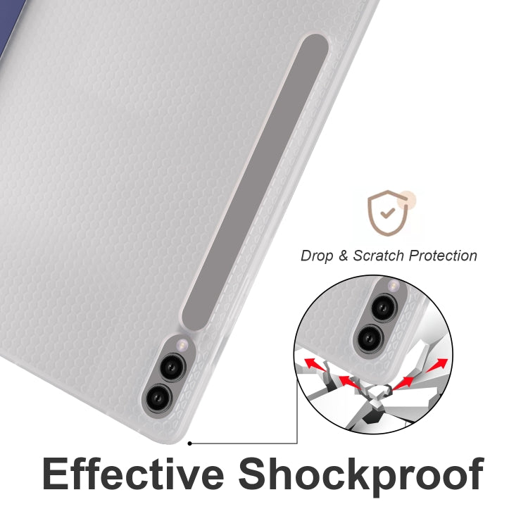 For Samsung Galaxy Tab S10+ / S9+ 3-folding Transparent TPU Smart Leather Tablet Case with Pen Slot(Dark Blue)