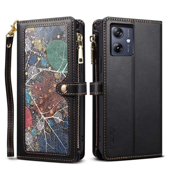 For Motorola Moto G54 ESEBLE Star Series Lanyard Zipper Wallet RFID Leather Case(Black)