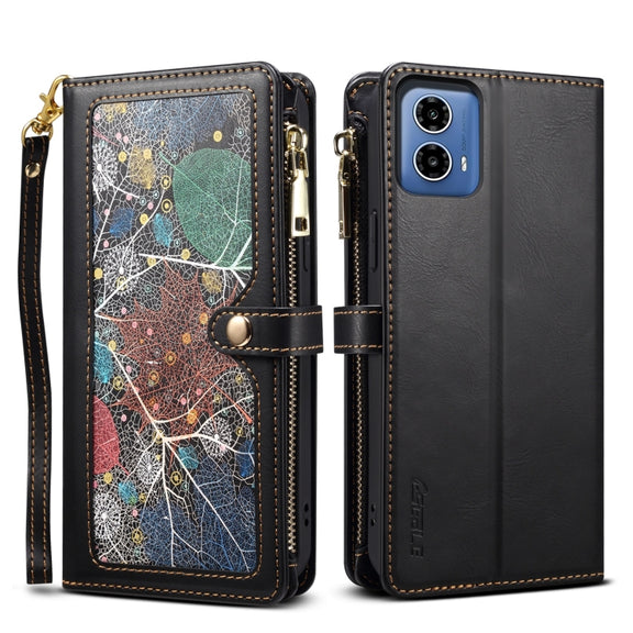 For Motorola Moto G35 ESEBLE Star Series Lanyard Zipper Wallet RFID Leather Case(Black)
