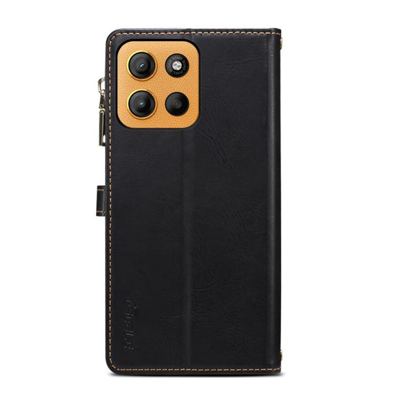 For Motorola Moto G15 ESEBLE Star Series Lanyard Zipper Wallet RFID Leather Case(Black)