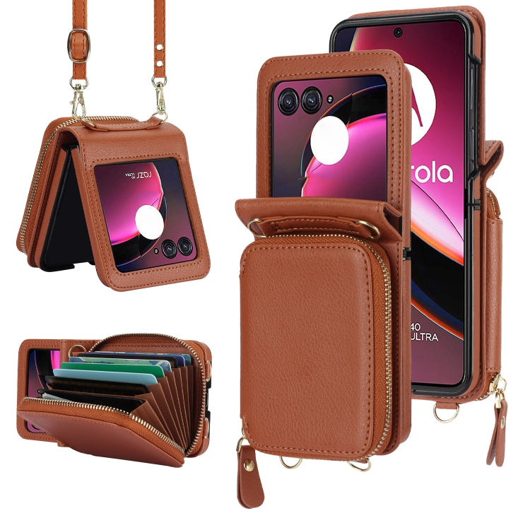 For Motorola Razr 40 Ultra Long and Short Lanyard Zipper Card Slot Foldable Phone Case(Brown) - Motorola Cases by PMC TechLife | Online Shopping South Africa | PMC TechLife | Buy Now Pay Later Mobicred