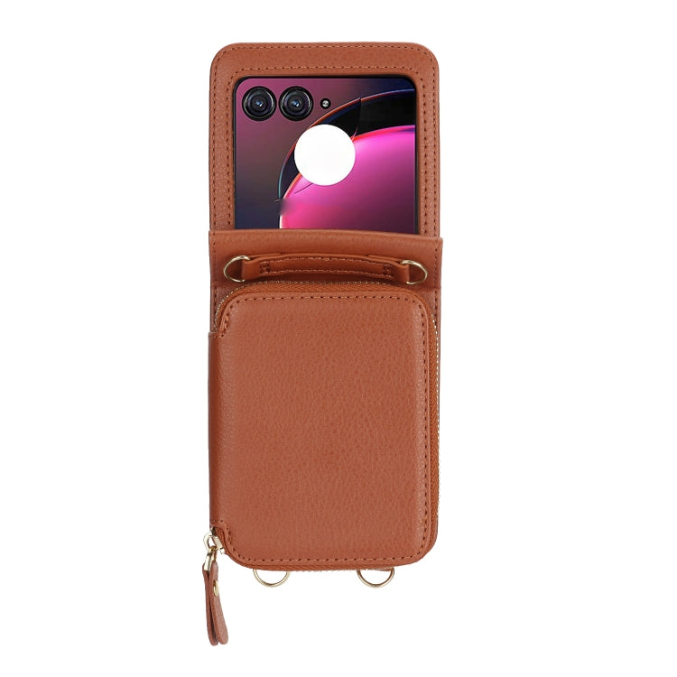 For Motorola Razr 40 Ultra Long and Short Lanyard Zipper Card Slot Foldable Phone Case(Brown)