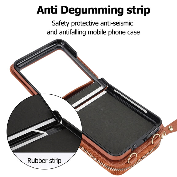 For Motorola Razr 40 Ultra Long and Short Lanyard Zipper Card Slot Foldable Phone Case(Brown)
