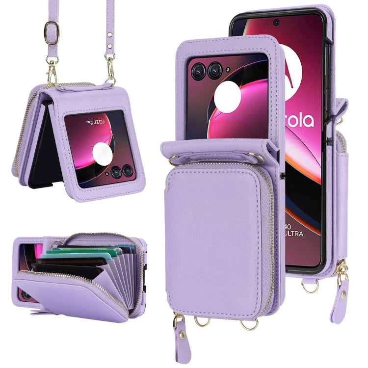 For Motorola Razr 40 Ultra Long and Short Lanyard Zipper Card Slot Foldable Phone Case(Purple) - Motorola Cases by PMC TechLife | Online Shopping South Africa | PMC TechLife | Buy Now Pay Later Mobicred