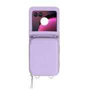 For Motorola Razr 40 Ultra Long and Short Lanyard Zipper Card Slot Foldable Phone Case(Purple)