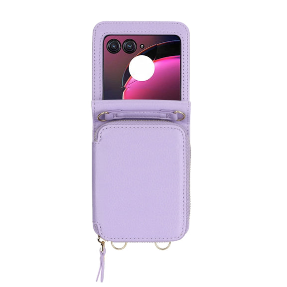For Motorola Razr 40 Ultra Long and Short Lanyard Zipper Card Slot Foldable Phone Case(Purple)