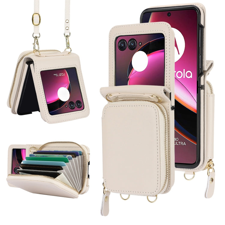 For Motorola Razr 40 Ultra Long and Short Lanyard Zipper Card Slot Foldable Phone Case(Beige) - Motorola Cases by PMC TechLife | Online Shopping South Africa | PMC TechLife | Buy Now Pay Later Mobicred