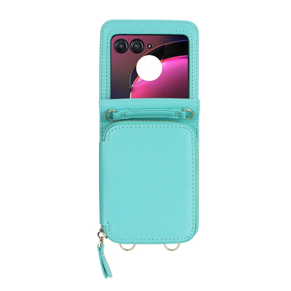 For Motorola Razr 40 Ultra Long and Short Lanyard Zipper Card Slot Foldable Phone Case(Mint Green)