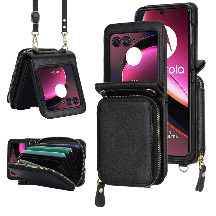 For Motorola Razr 40 Ultra Long and Short Lanyard Zipper Card Slot Foldable Phone Case(Black) - Motorola Cases by PMC TechLife | Online Shopping South Africa | PMC TechLife | Buy Now Pay Later Mobicred