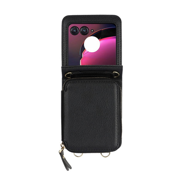 For Motorola Razr 40 Ultra Long and Short Lanyard Zipper Card Slot Foldable Phone Case(Black)