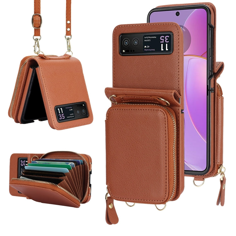 For Motorola Razr 40 Long and Short Lanyard Zipper Card Slot Foldable Phone Case(Brown) - Motorola Cases by PMC TechLife | Online Shopping South Africa | PMC TechLife | Buy Now Pay Later Mobicred