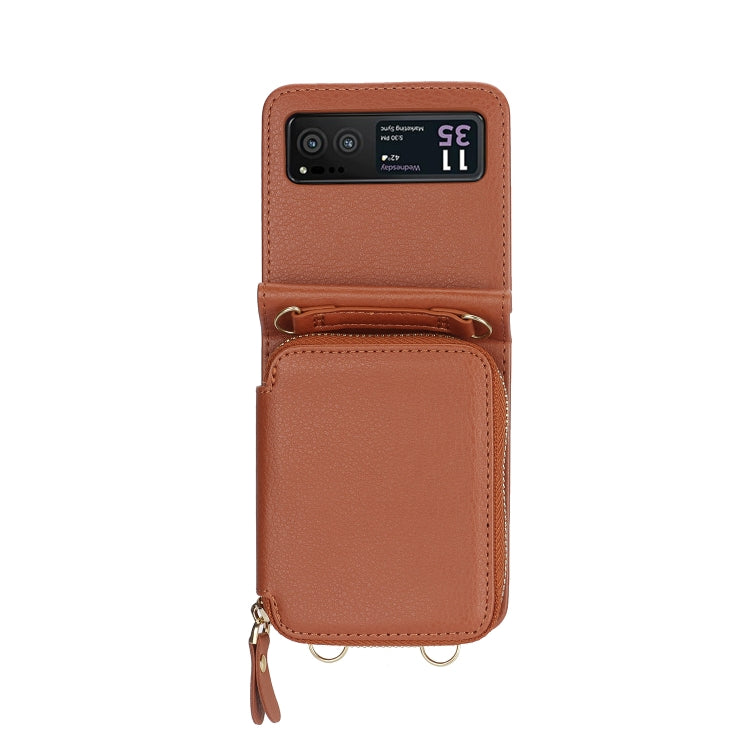 For Motorola Razr 40 Long and Short Lanyard Zipper Card Slot Foldable Phone Case(Brown) - Motorola Cases by PMC TechLife | Online Shopping South Africa | PMC TechLife | Buy Now Pay Later Mobicred