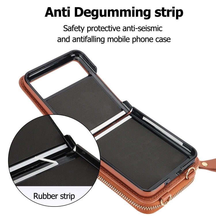 For Motorola Razr 40 Long and Short Lanyard Zipper Card Slot Foldable Phone Case(Brown) - Motorola Cases by PMC TechLife | Online Shopping South Africa | PMC TechLife | Buy Now Pay Later Mobicred