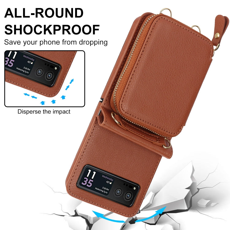 For Motorola Razr 40 Long and Short Lanyard Zipper Card Slot Foldable Phone Case(Brown) - Motorola Cases by PMC TechLife | Online Shopping South Africa | PMC TechLife | Buy Now Pay Later Mobicred