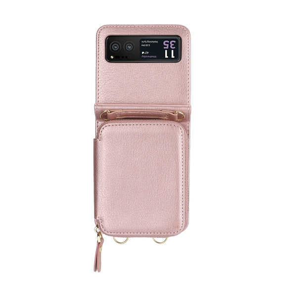 For Motorola Razr 40 Long and Short Lanyard Zipper Card Slot Foldable Phone Case(Pink)