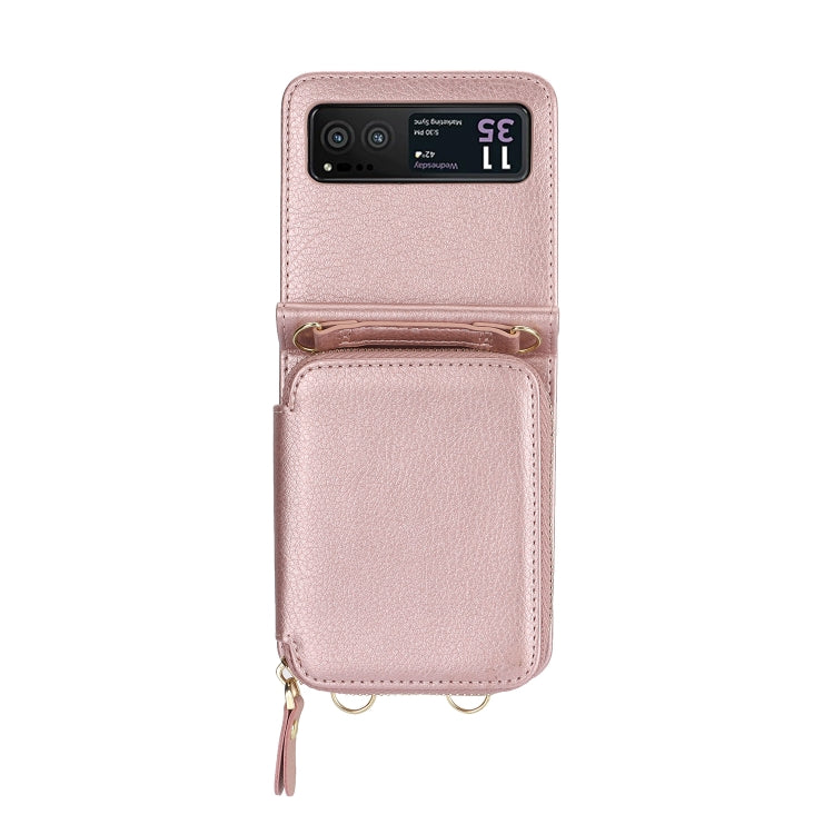 For Motorola Razr 40 Long and Short Lanyard Zipper Card Slot Foldable Phone Case(Pink)