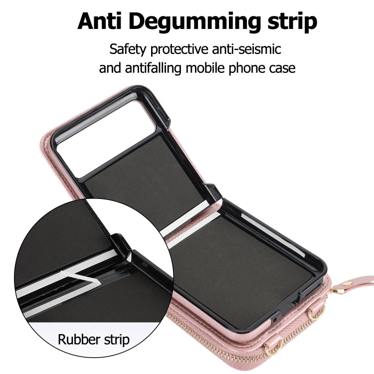 For Motorola Razr 40 Long and Short Lanyard Zipper Card Slot Foldable Phone Case(Pink)