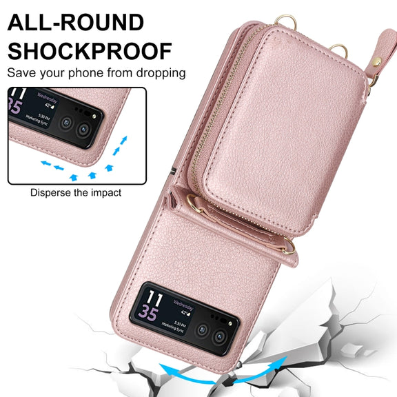 For Motorola Razr 40 Long and Short Lanyard Zipper Card Slot Foldable Phone Case(Pink)